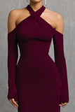 Sheath Halter Burgundy Evening Dress with Long Sleeves