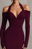 Burgundy Mermaid Halter Formal Dress with Long Sleeves