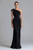 One Shoulder Sheath Ruched Black Tie Dress