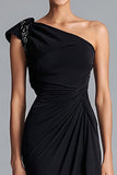 One Shoulder Sheath Ruched Black Tie Dress