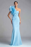 One Shoulder Light Blue Mermaid Formal Dress With 3D Flowers