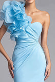 One Shoulder Light Blue Mermaid Formal Dress With 3D Flowers
