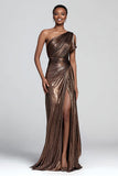 Metallic Brown One Shoulder Ruched Formal Dress With Slit