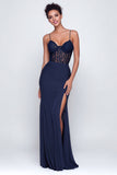 Navy Sheath Spaghetti Straps Lace Formal Dress With Slit