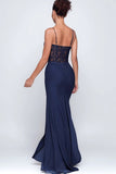Navy Sheath Spaghetti Straps Lace Formal Dress With Slit
