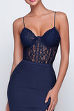 Navy Sheath Spaghetti Straps Lace Formal Dress With Slit