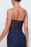 Navy Sheath Spaghetti Straps Lace Formal Dress With Slit