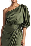 Olive One Shoulder Sheath Ruched Semi-Formal Dress