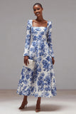 White and Blue Flower A-Line Square Neck Semi-Formal Dress