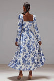White and Blue Flower A-Line Square Neck Semi-Formal Dress
