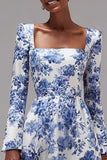 White and Blue Flower A-Line Square Neck Semi-Formal Dress
