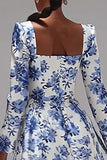 White and Blue Flower A-Line Square Neck Semi-Formal Dress