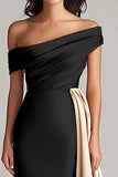 Black and White Off the Shoulder Long Formal Dress with Sash