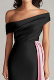 Black and White Off the Shoulder Long Formal Dress with Sash