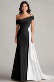 Black and White Off the Shoulder Long Formal Dress with Sash
