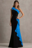 Black and Blue One Shoulder Ruffle Long Formal Dress with 3D Flower