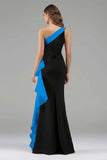 Black and Blue One Shoulder Ruffle Long Formal Dress with 3D Flower