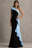 Black and Blue One Shoulder Ruffle Long Formal Dress with 3D Flower