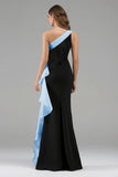 Black and Blue One Shoulder Ruffle Long Formal Dress with 3D Flower