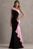 Black and Blue One Shoulder Ruffle Long Formal Dress with 3D Flower