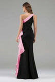 Black and Blue One Shoulder Ruffle Long Formal Dress with 3D Flower