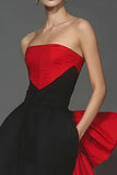 Strapless Black and Red Sheath Maxi Evening Dress With Bow Train