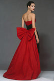 Strapless Black and Red Sheath Maxi Evening Dress With Bow Train