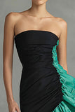 Black and Green Ruched Strapless Ruffled Mermaid Evening Dress