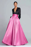 Black and Fuchsia Long Sleeve V-Neck A-Line Formal Dress