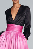 Black and Fuchsia Long Sleeve V-Neck A-Line Formal Dress