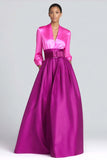 Fuchsia and Magenta Satin A-Line Long Sleeve Formal Dress With Belt