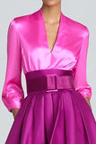 Fuchsia and Magenta Satin A-Line Long Sleeve Formal Dress With Belt