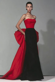 Black and Red Strapless Formal Dress With Cape Train