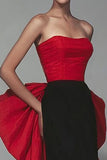 Black and Red Strapless Formal Dress With Cape Train
