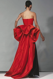 Black and Red Strapless Formal Dress With Cape Train