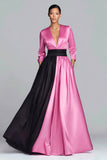 Black and Fuchsia Satin Long Sleeve A-Line Long Formal Dress