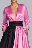 Black and Fuchsia Satin Long Sleeve A-Line Long Formal Dress