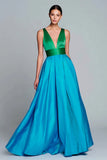 Green and Blue Color-Block A-Line Satin Formal Dress