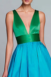Green and Blue Color-Block A-Line Satin Formal Dress