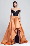 Black and Light Orange Off The Shoulder A-Line High-Low Formal Dress