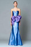 Blue and Tahiti Mermaid Strapless Satin Formal Dress With Bow