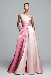 Pink Colorblock A-Line One Shoulder Formal Dress