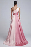Pink Colorblock A-Line One Shoulder Formal Dress