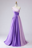 Pink Colorblock A-Line One Shoulder Formal Dress