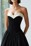 Elegant Black and White Ruched A-Line Strapless Formal Dress