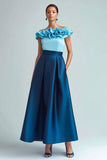 Light Blue and Dark Blue Colorblock Off The Shoulder A-Line Formal Dress With Ruffles