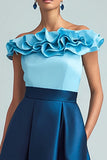 Light Blue and Dark Blue Colorblock Off The Shoulder A-Line Formal Dress With Ruffles