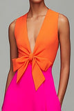 Orange and Fuchsia V-Neck A-Line Formal Dress With Bow