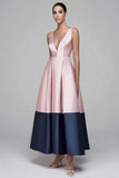 Pink and Navy Satin A-Line V-Neck Formal Dress