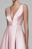 Pink and Navy Satin A-Line V-Neck Formal Dress